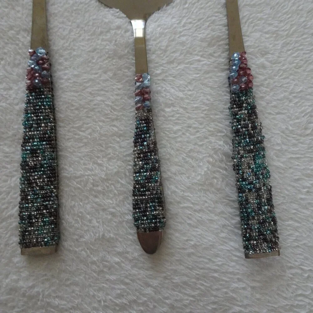 Beaded Handle Salad Serving Utensil Set Cake Pie Server Party Holiday